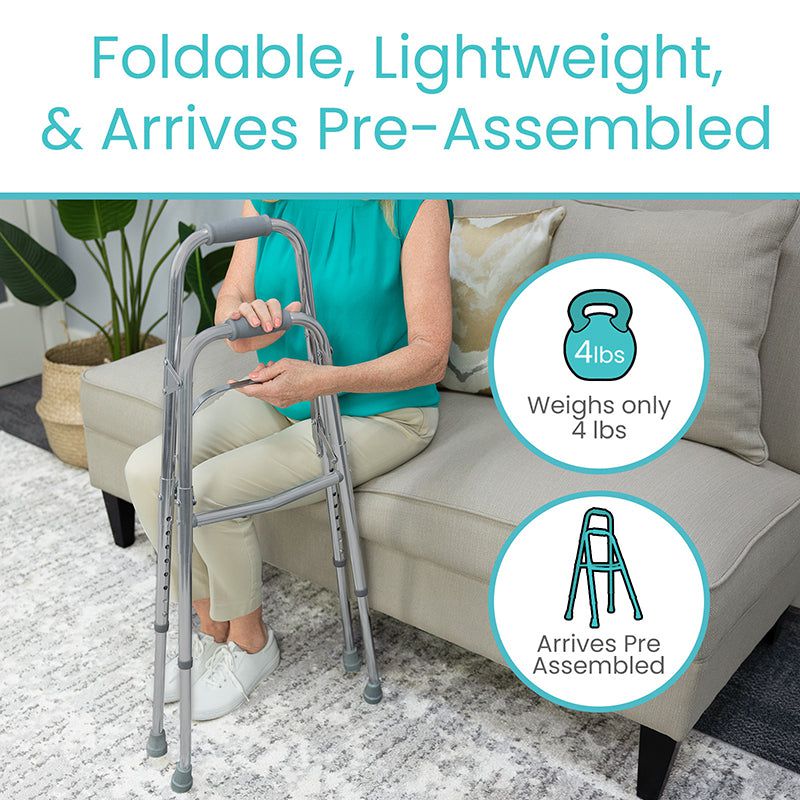 Woman using a foldable walker with text highlighting features like weight, assembly, and ease of use.
