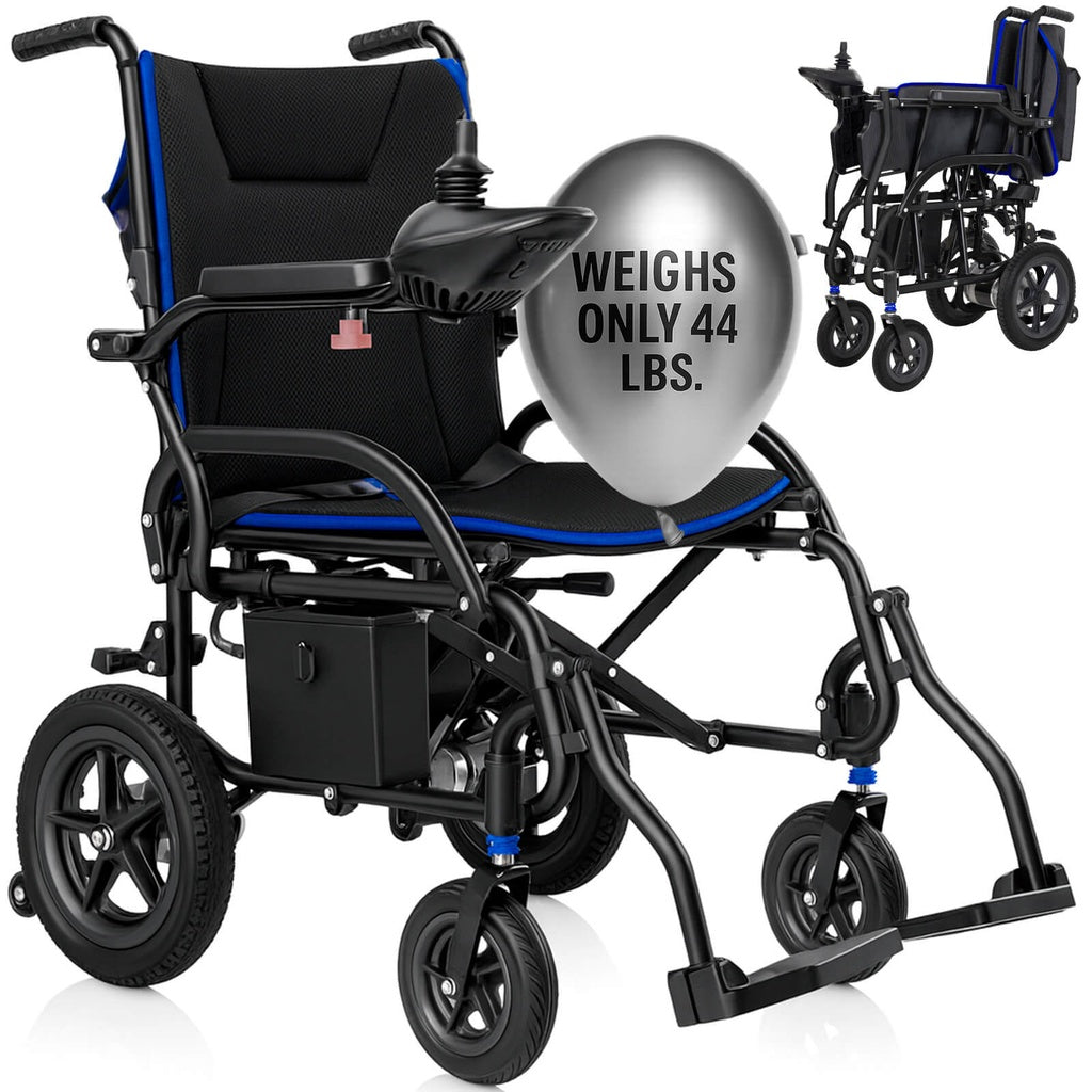 Foldable wheelchair with a balloon labeled 'Weights Only 44 LBS.' on a white background