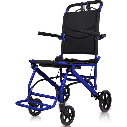 Blue and black transport chair on a white background