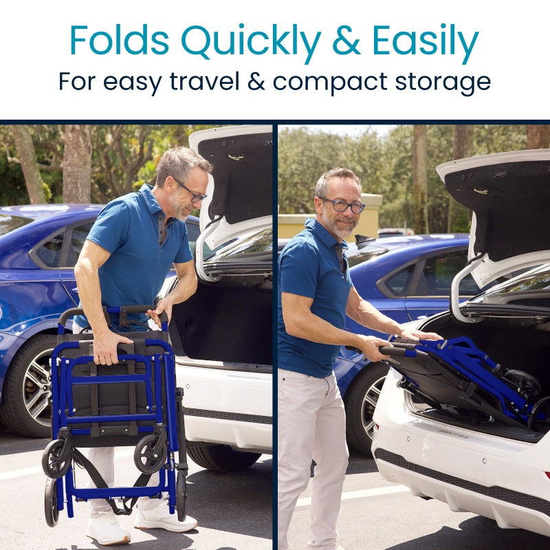 Man folding a blue rolling cart quickly and easily for travel and storage.