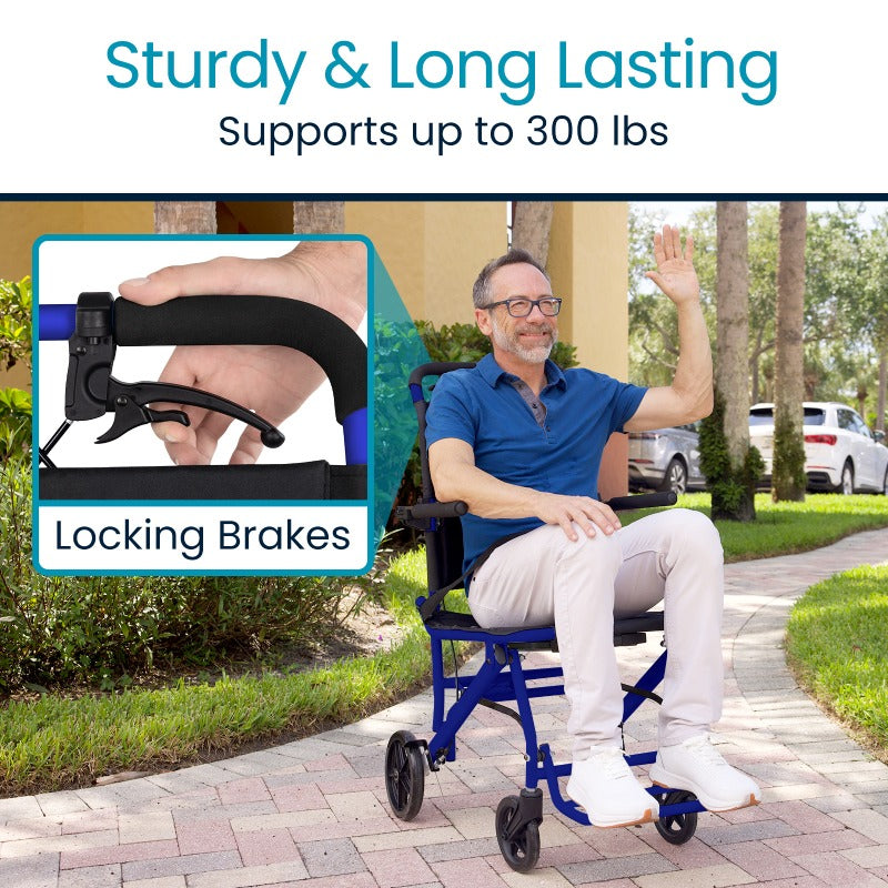 Man using a blue mobility scooter with locking brakes highlighted, on a sidewalk.