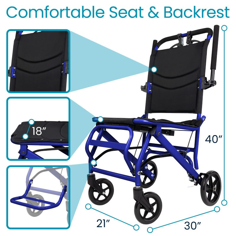 Blue wheelchair with measurements and details on a white background