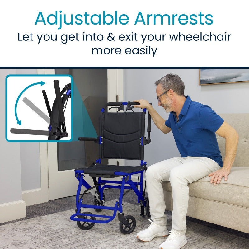 Person using a wheelchair with adjustable armrests, sitting on a couch.