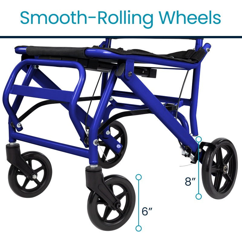Blue walker with smooth-rolling wheels and measurements on a white background