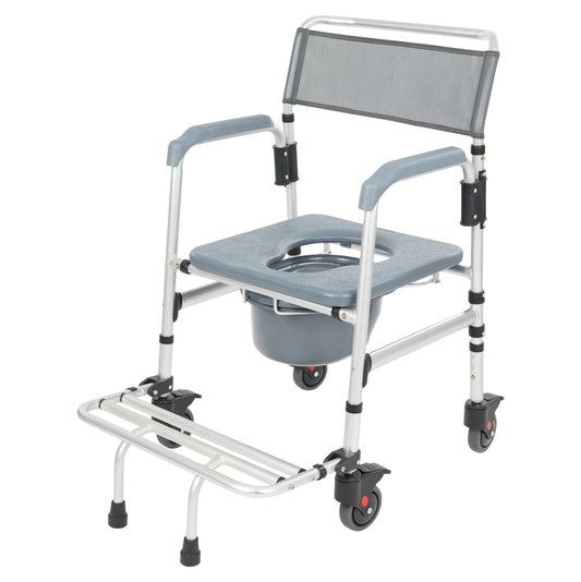 Gray and silver commode chair with wheels on a white background