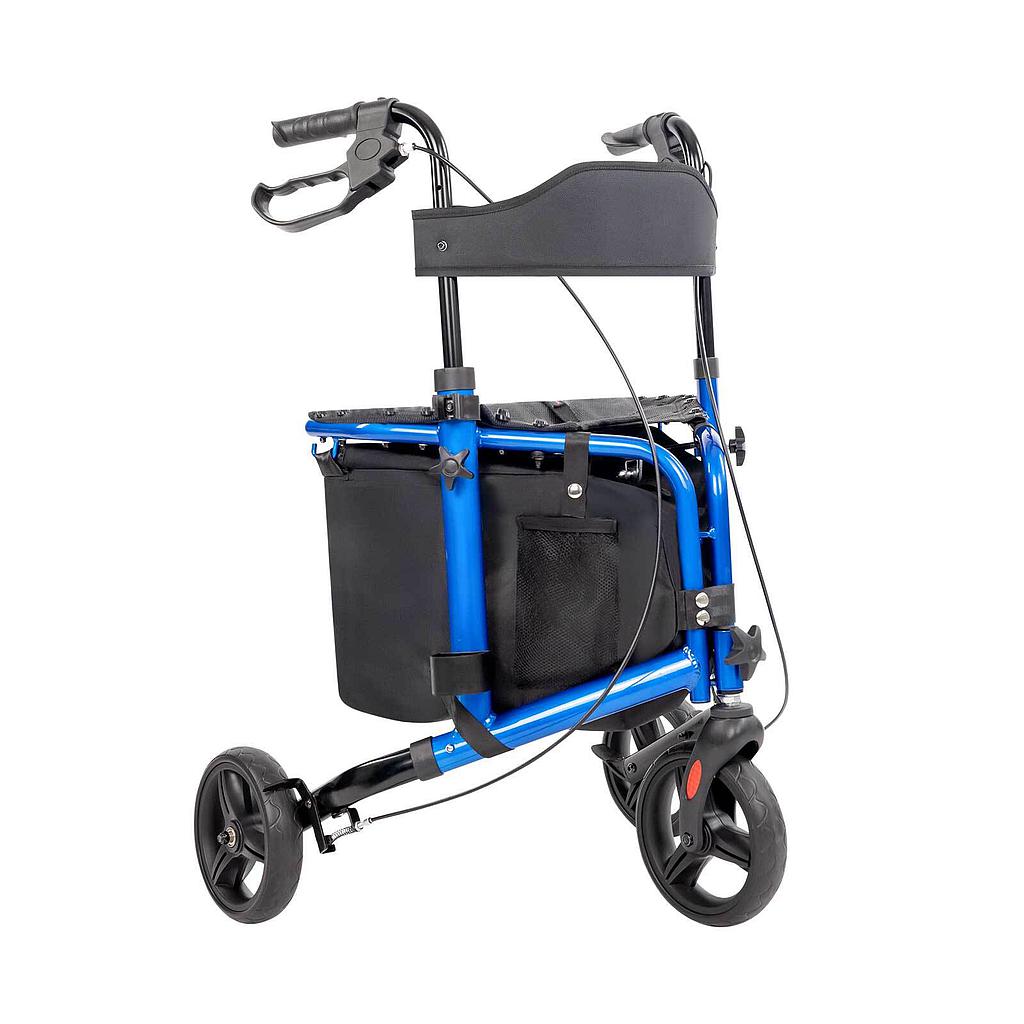 Blue and black walker with wheels on a white background