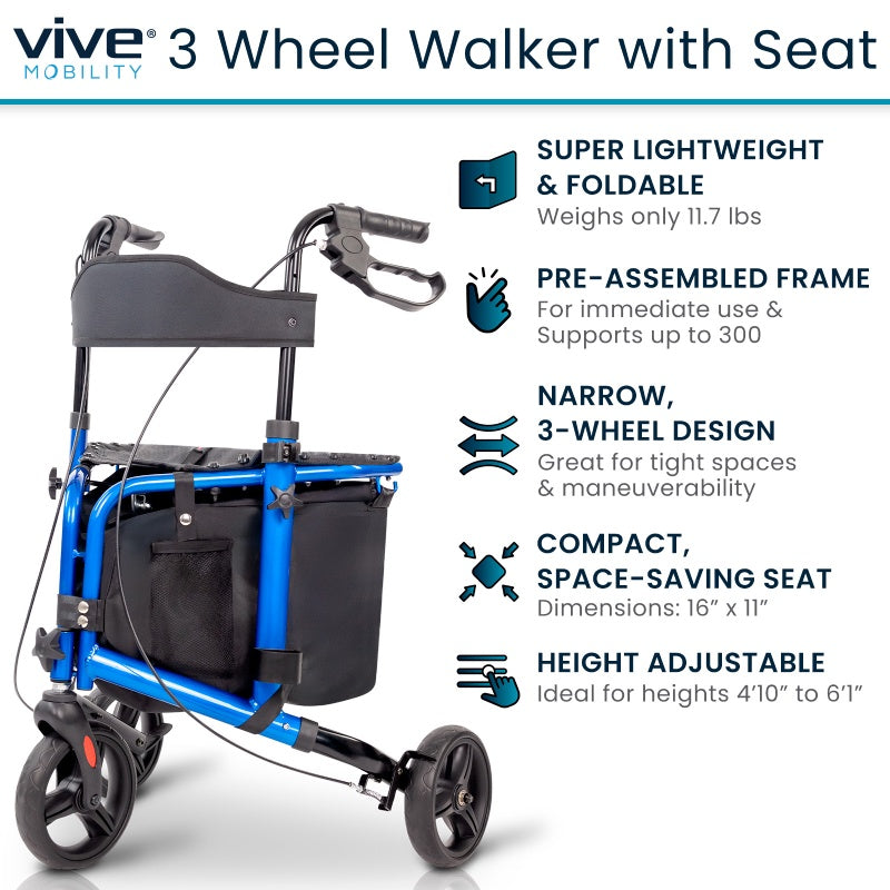 Blue 3-wheel walker with seat and Vive Mobility branding, featuring product features on a white background.