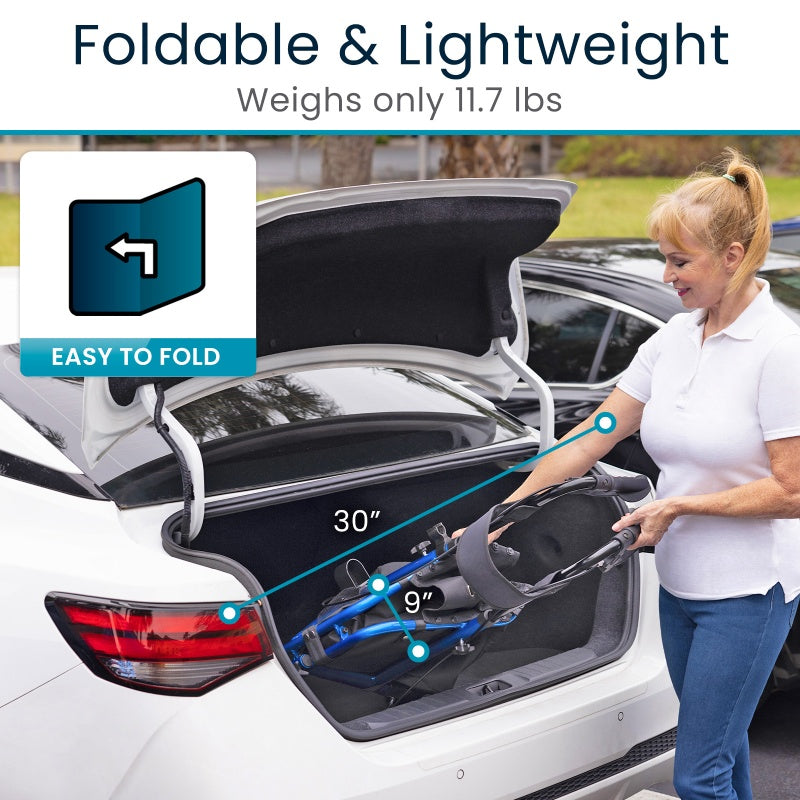 Woman placing a folded bike into a car trunk with text highlighting foldable and lightweight features.