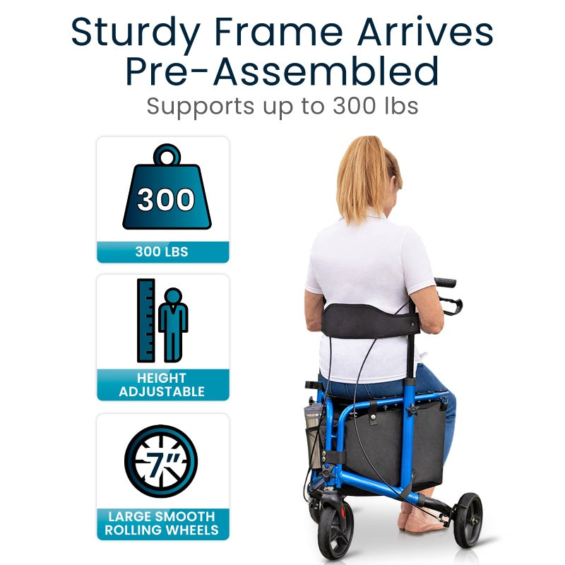 Person using a mobility device with text highlighting features like weight capacity, adjustable height, and large smooth rolling wheels.