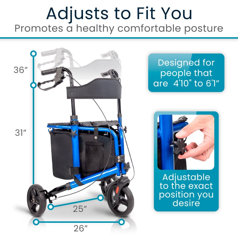Blue walker with adjustable features and measurements on a white background