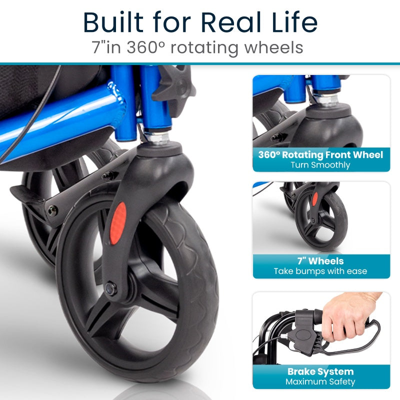 Close-up of a blue scooter with 360-degree rotating wheels and text highlighting features.