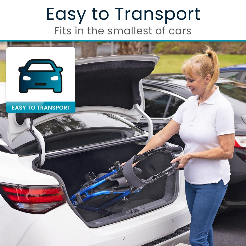 Woman loading a folded bike into a car trunk with text 'Easy to Transport' and 'Fits in the smallest of cars'.