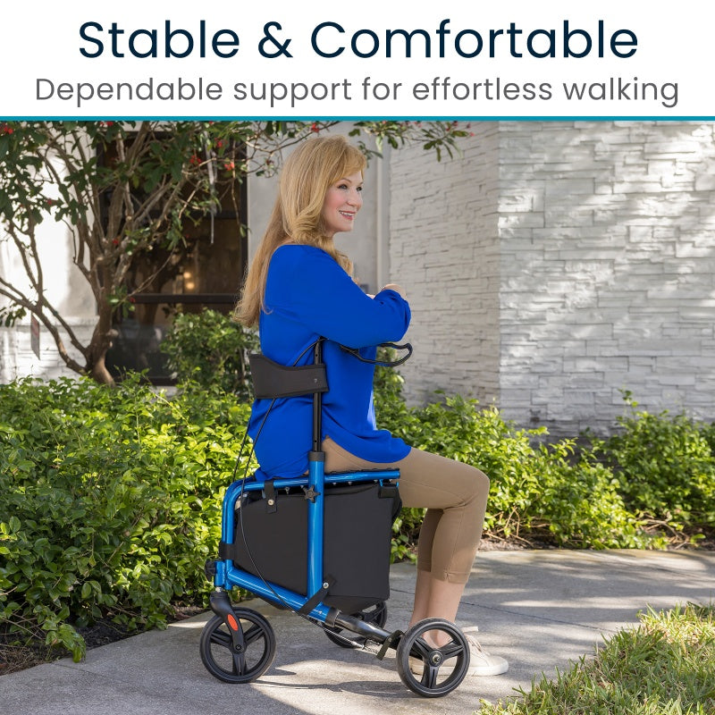 Woman using a blue and black mobility scooter with text 'Stable & Comfortable' and 'Dependable support for effortless walking'.