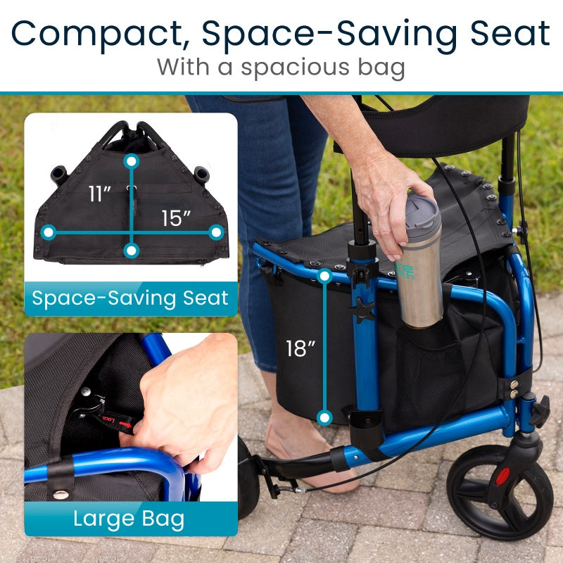 Compact space-saving seat with a large bag on a walker, showing dimensions and usage.
