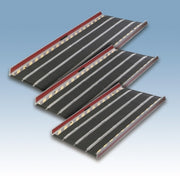 Two metal ramps with red edges on a light blue background