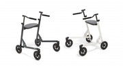 Two mobility devices, one with a black frame and one with a white frame, on a white background.
