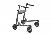 Black knee walker with four wheels on a white background