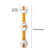 Measurement chart showing a white and orange handle with Dimensions on a white background