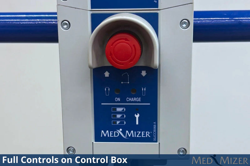 Close-up of a MED MIZER control box showing a red emergency stop button, blue control panel with icons, and silver metal housing.