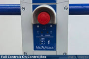 Control box with a red button and labeled controls on a blue background, featuring the Med Mizer brand.