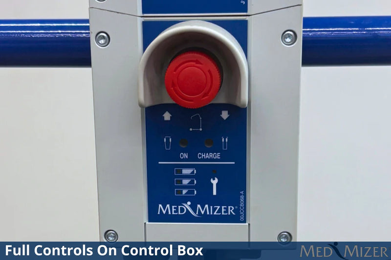 Control box with a red button and labeled controls on a blue background, featuring the Med Mizer brand.
