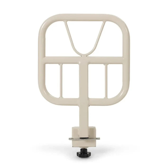An off-white metal safety guard rail with a mounting bracket and black base, shown against a plain white background.