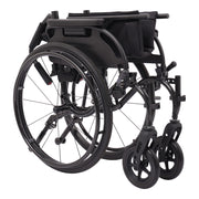 A black manual wheelchair shown from a three-quarter rear angle on a plain white background.