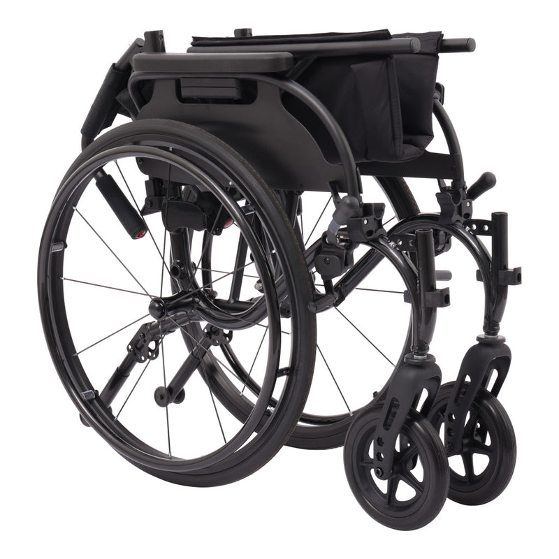 A black manual wheelchair shown from a three-quarter rear angle on a plain white background.