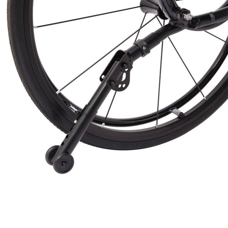 Close-up of a black bicycle wheel with a rear wheel stand attached to the hub, shown against a plain white background.