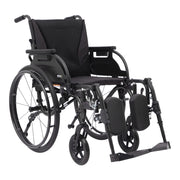 A black manual wheelchair with a black fabric seat and backrest, black metal frame, large rear wheels, and front casters, shown on a plain white background.