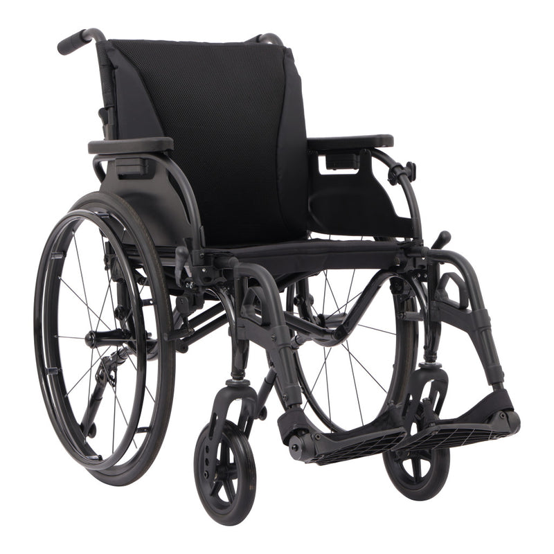 A black manual wheelchair with a padded seat and backrest, shown from a three-quarter angle against a plain white background.