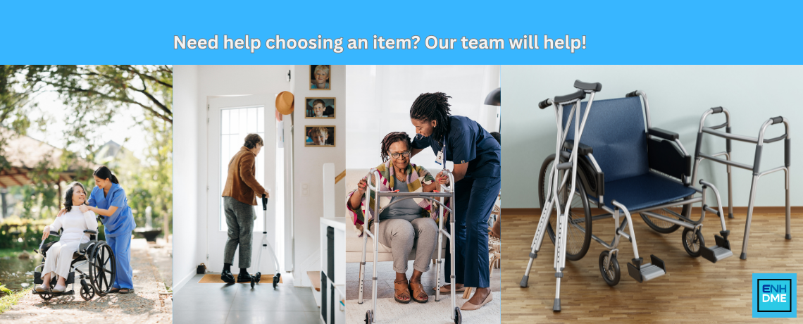 Promotional banner for assistance with choosing medical equipment, featuring people using wheelchairs and walkers.
