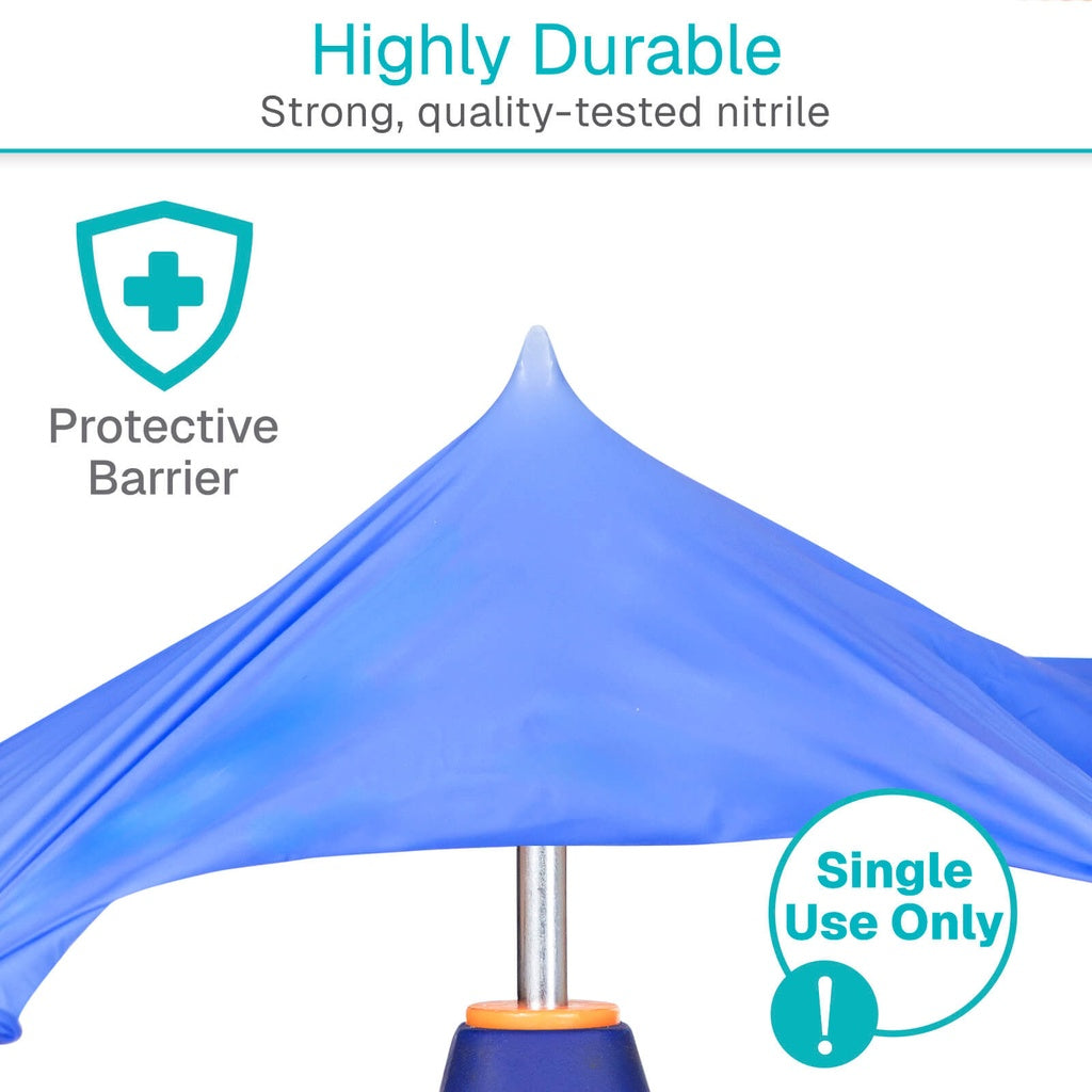 Blue nitrile glove with text indicating durability and single use on a white background