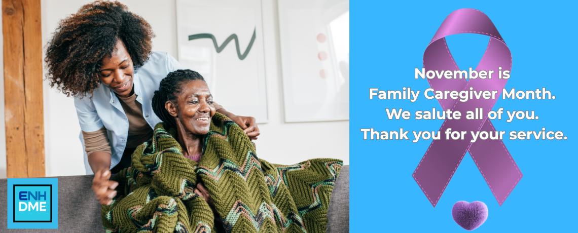 Woman comforting an elderly woman with a purple ribbon and text about Family Caregiver Month.