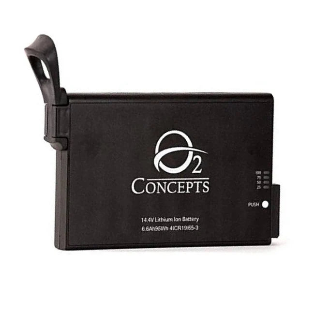 Black battery pack with O2 Concepts logo on a white background