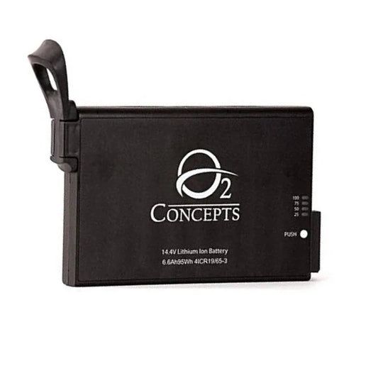 Black battery pack with O2 Concepts logo on a white background