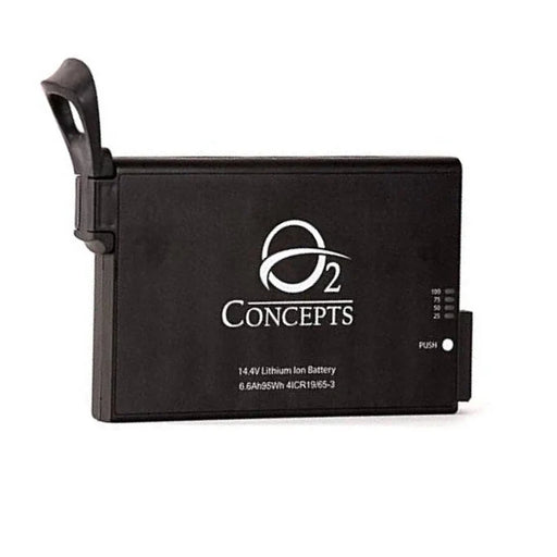 Black battery pack with O2 Concepts logo on a white background