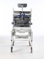 Medical shower chair with adjustable headrest and footrest on a white background