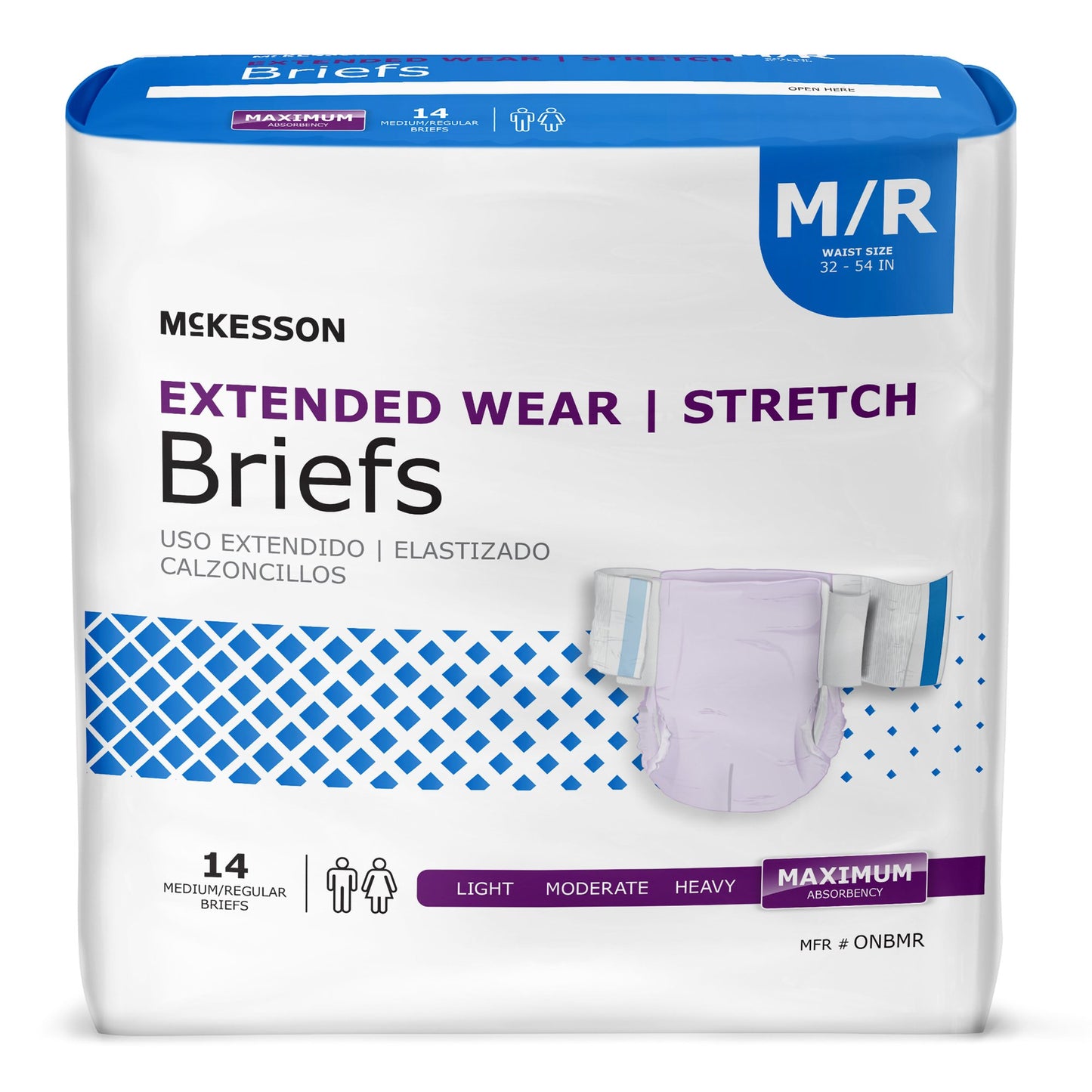 Package of McKesson extended wear stretch briefs on a white background