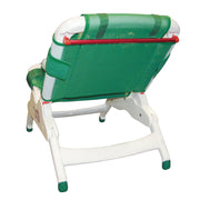 Green and white baby seat with a red bar on a white background