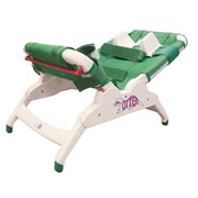 Green and white shower chair with branding on a white background