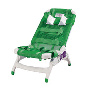 Green and white shower chair with branding on a white background