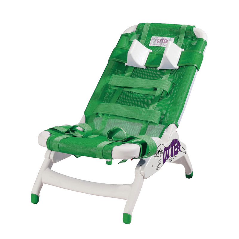 Green and white shower chair with branding on a white background