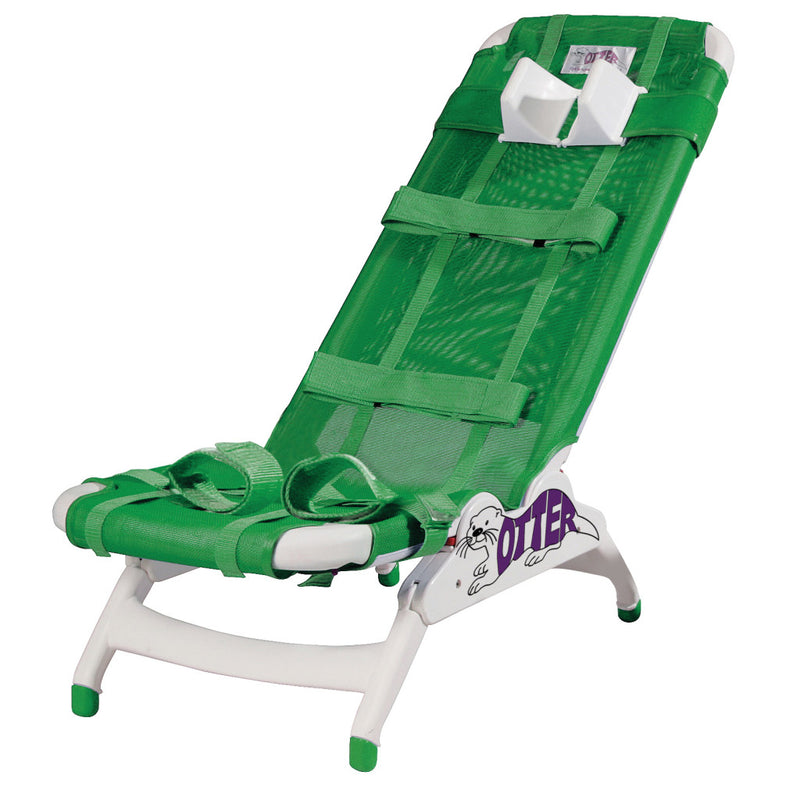Green and white shower chair with branding on a white background