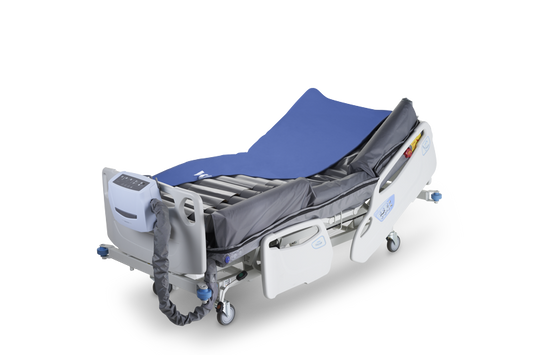 Hospital bed with blue mattress on a white background