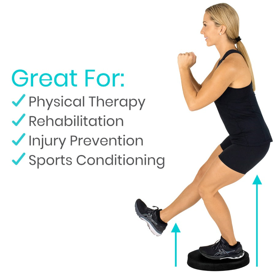 Woman exercising on a stability disc with text highlighting its uses for physical therapy, rehabilitation, injury prevention, and sports conditioning.