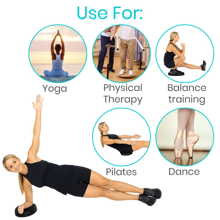 Woman using a balance trainer with text indicating its use for yoga, physical therapy, balance training, pilates, and dance.