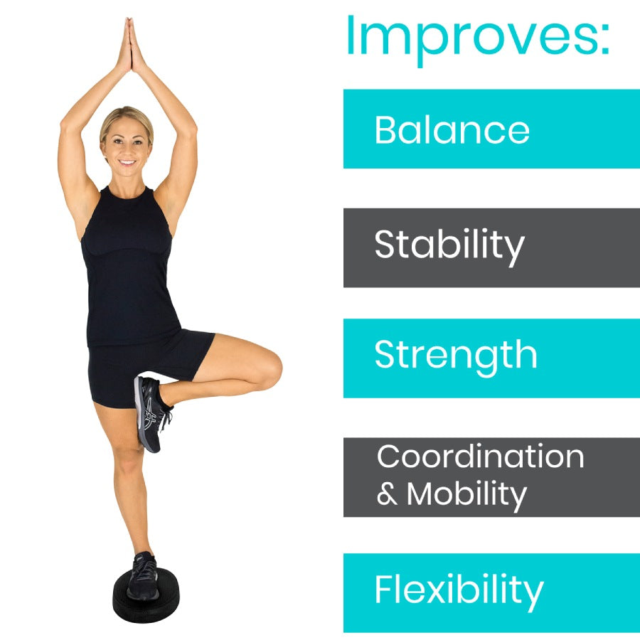 Woman performing a yoga pose on a balance board with text listing benefits on a white background
