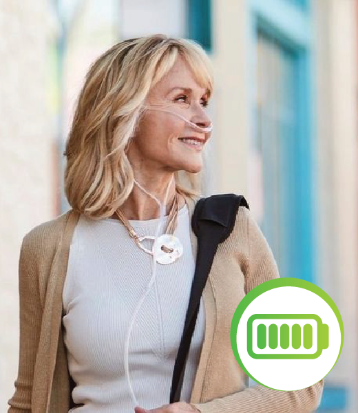 Woman walking outdoors with a green battery icon overlay