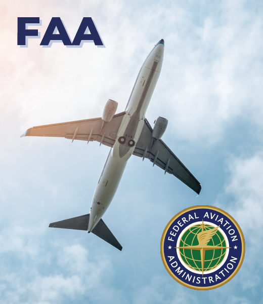 Airplane flying in the sky with FAA logo below